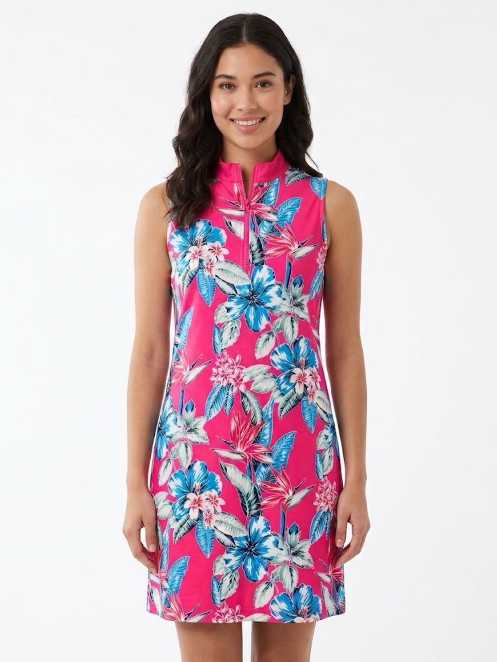Tommy Bahama Tropical Floral Quarter-Zip Sleeveless Fuchsia Pink Dress Large